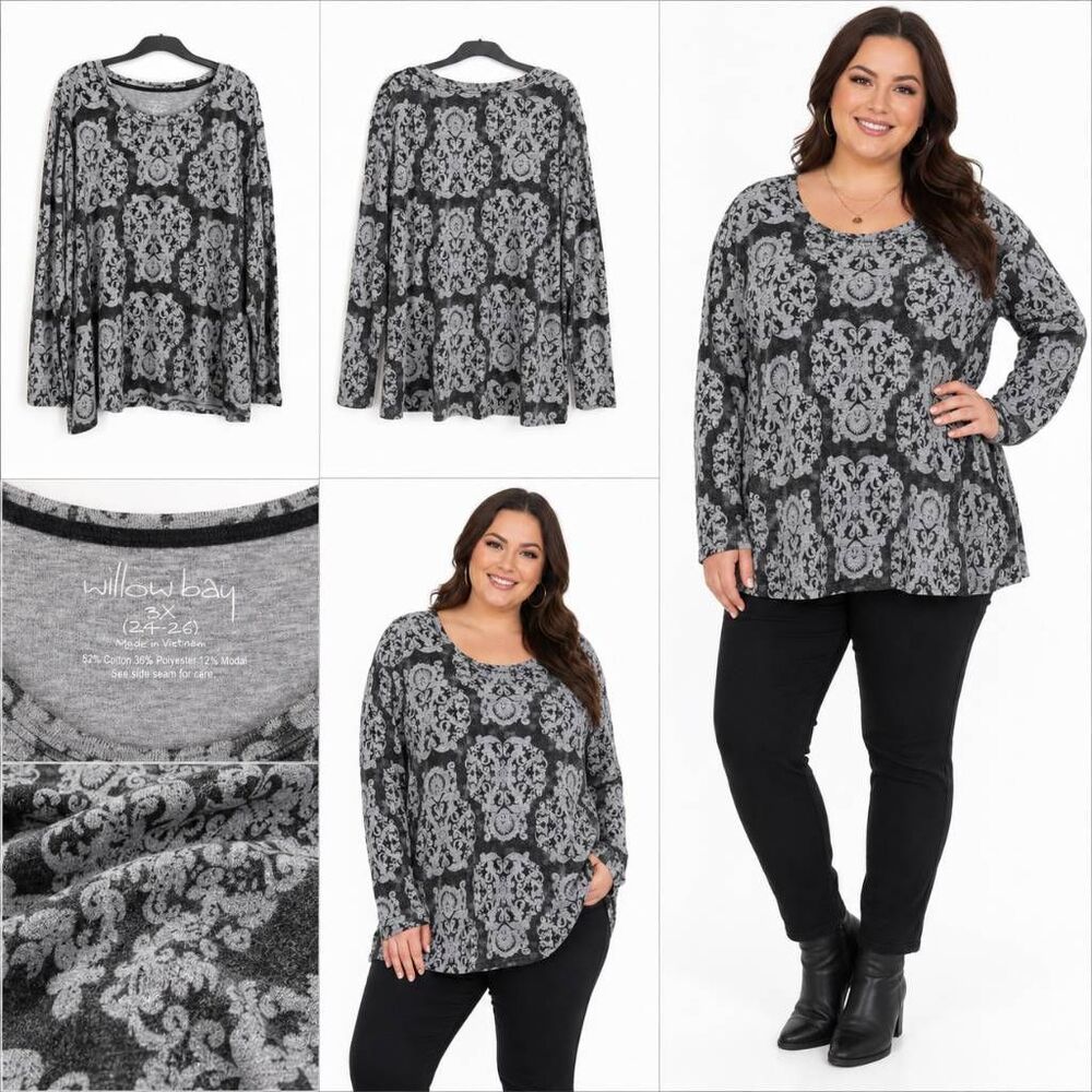 Willow Bay Gray Black Damask Long Sleeve Top 3X